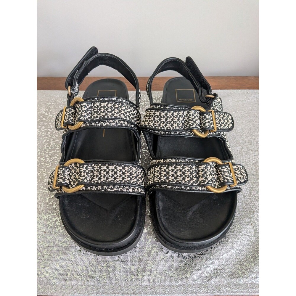 Dolce Vita Shelli Sandals Womens 9.5 Black Bridge Raffia Buckle Casual Shoes NEW - Picture 2 of 10